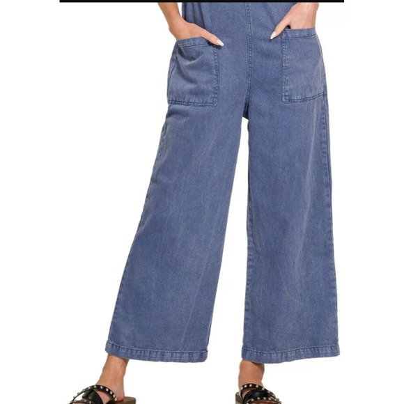 Zenana Washed Knot Strap Pockets Jumpsuit 1864Y Size Medium - Picture 3 of 16